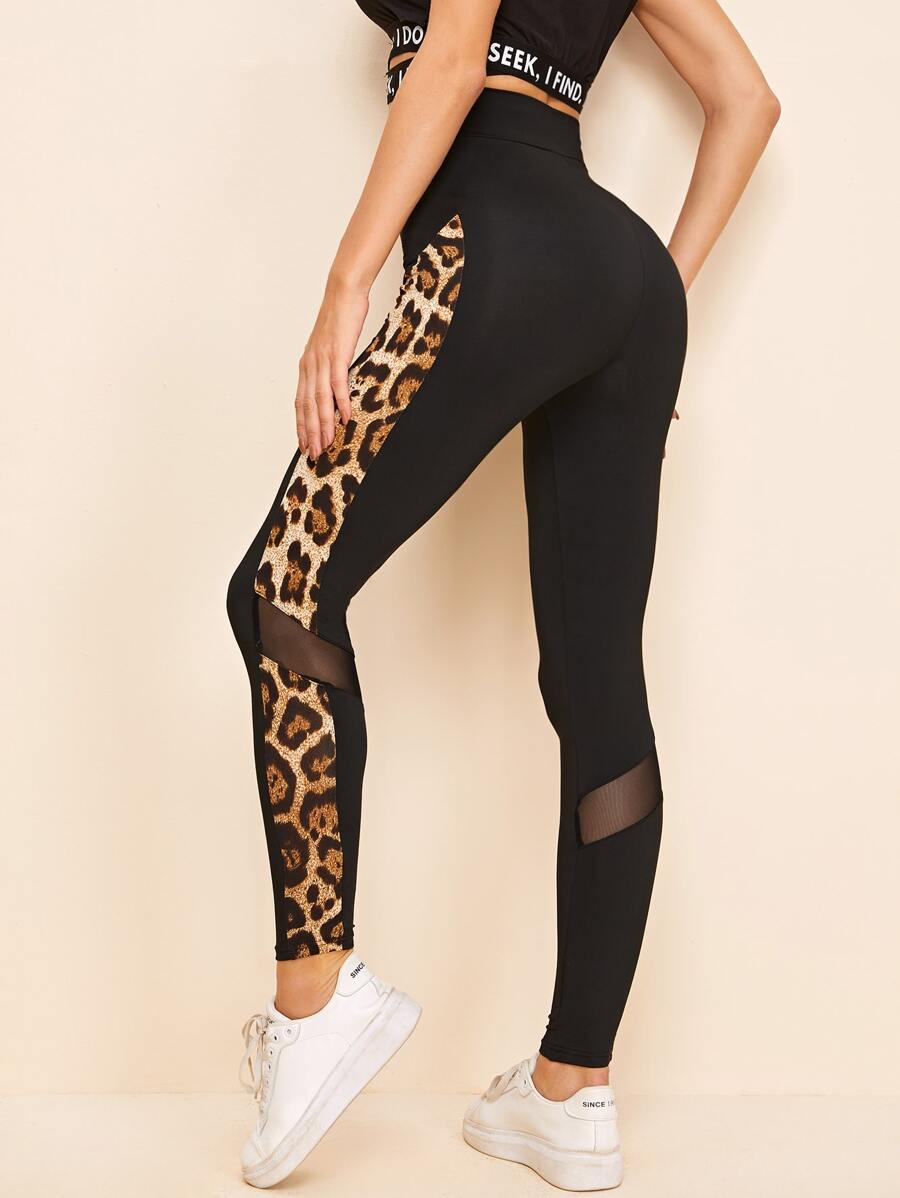 Mulvari Leopard Side Seam Mesh Insert Leggings - Black - View 1