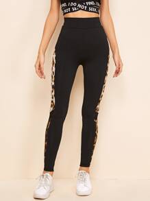 Mulvari Leopard Side Seam Mesh Insert Leggings - Black - View 3