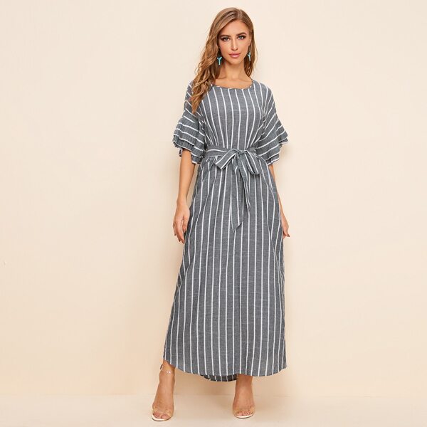 

Layered Pleated Cuff Belted Striped Dress, Grey