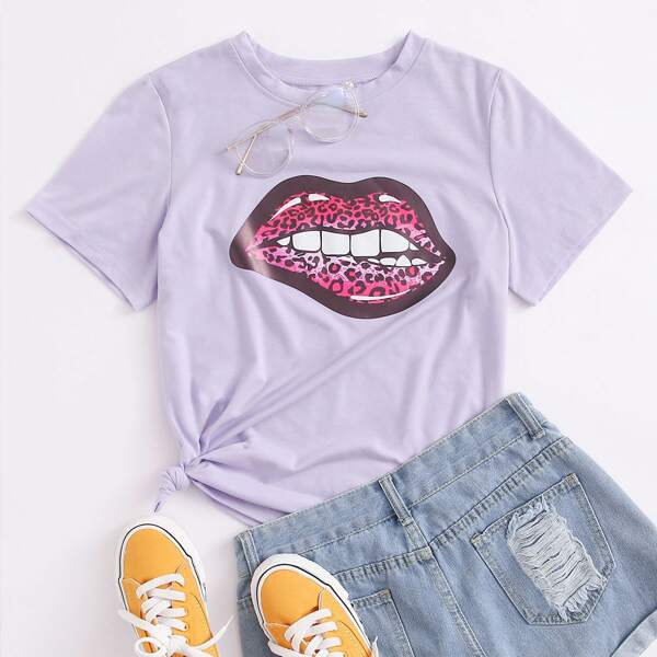

Mouth Graphic Round Neck Tee, Purple