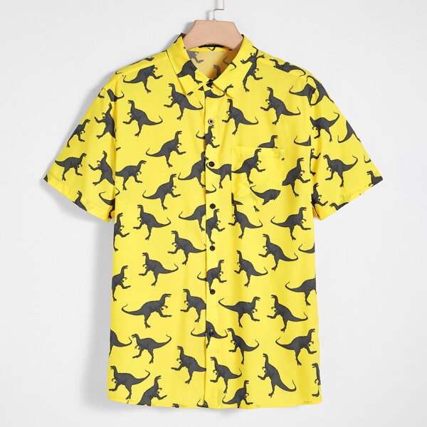 

Men Patch Pocket Dinosaur Print Shirt, Yellow