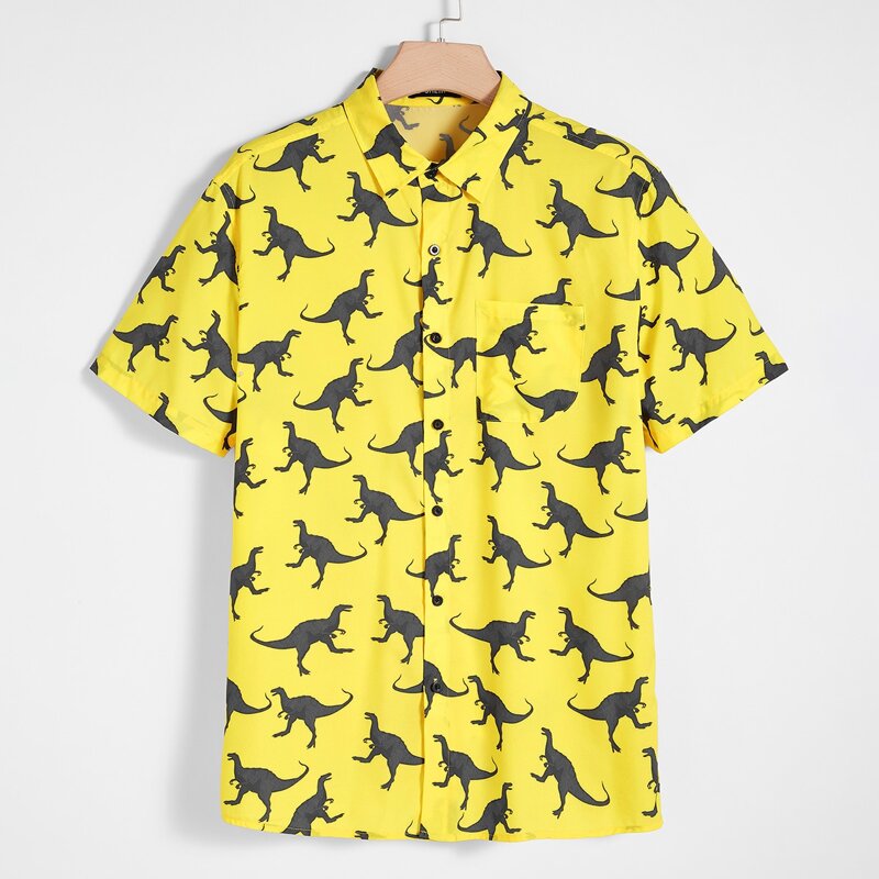 

Guys Patch Pocket Dinosaur Print Shirt, Yellow