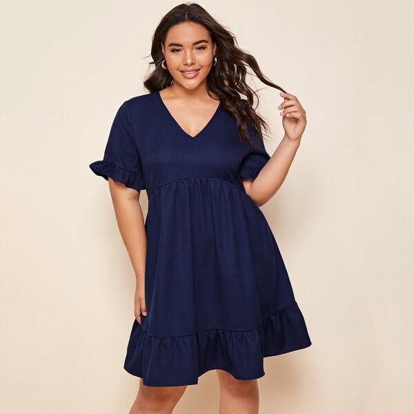 

Plus Ruffle Trim Smock Dress, Navy blue