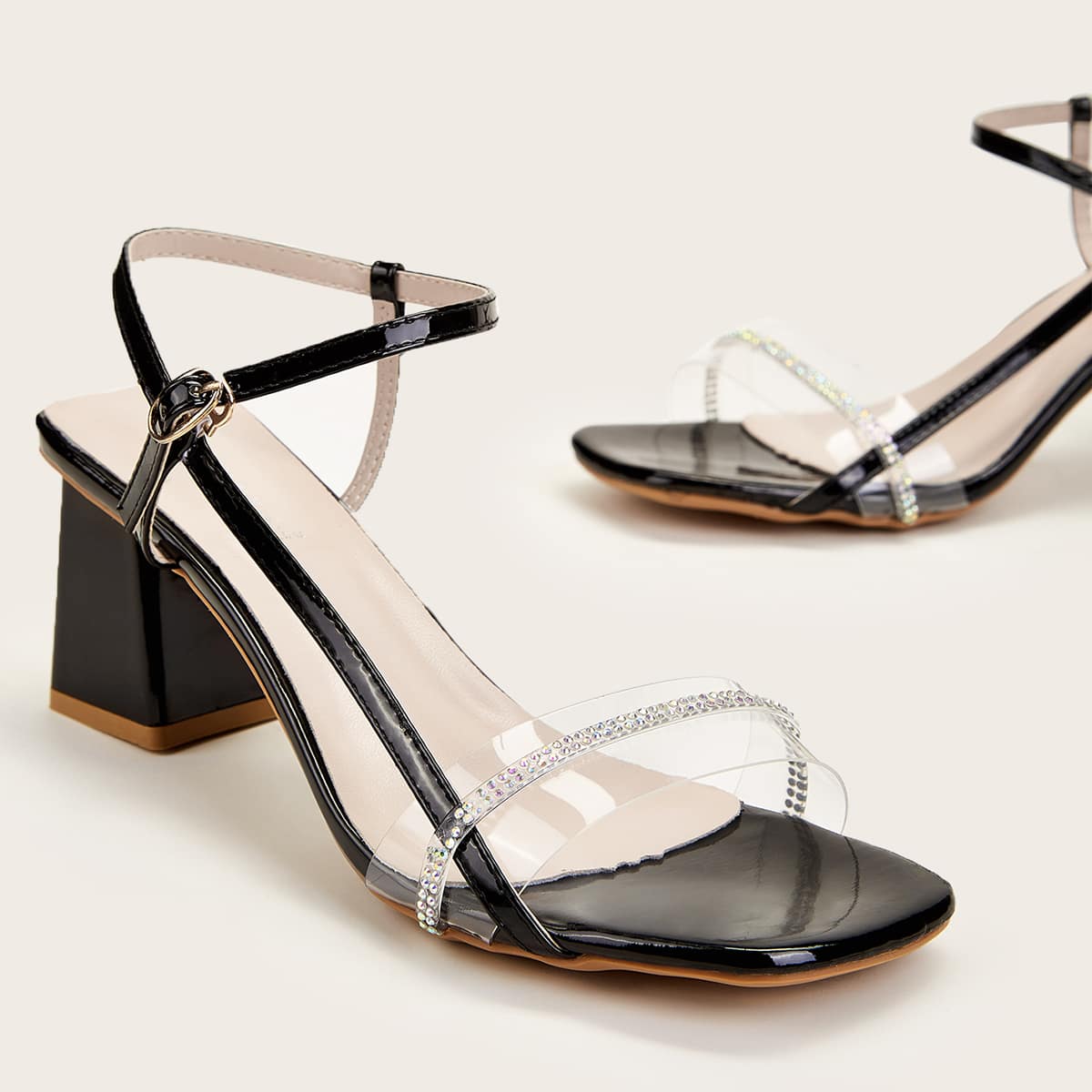 

Rhinestone Strap Chunky Heels, Black