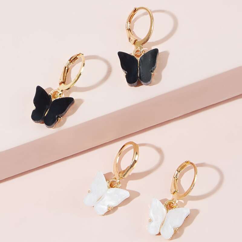 

2pairs Butterfly Hoop Earrings, Black and white