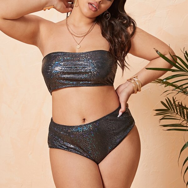 

Plus Crocodile Metallic Bandeau Bikini Swimsuit, Black