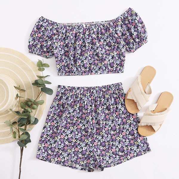 

Allover Floral Bardot Top & Shorts, Multicolor