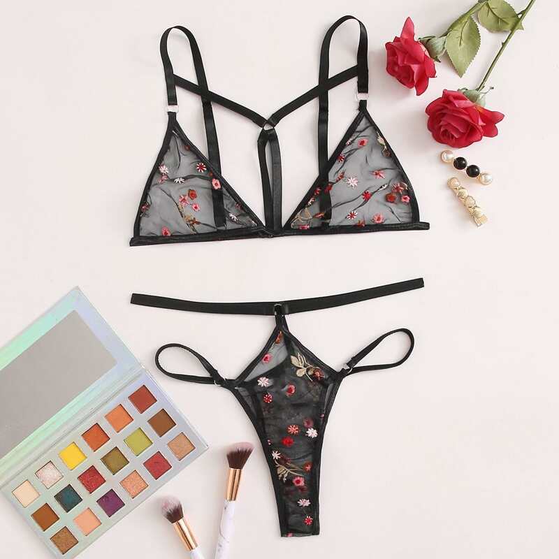 

Floral Embroidered Mesh Harness Lingerie Set, Black
