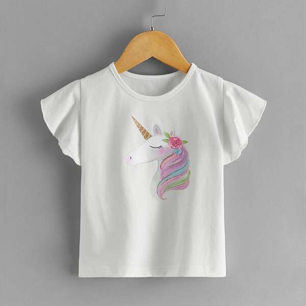

Toddler Girls Unicorn Print Ruffle Trim Tee, White
