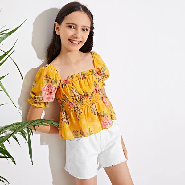 

Girls Puff Sleeve Ruffle Trim Shirred Waist Floral Peplum Top, Yellow