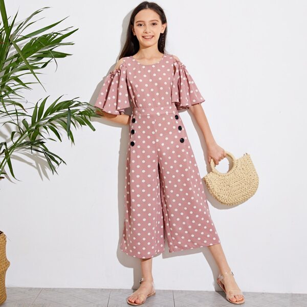 

Girls Cold Shoulder Ruffle Detail Polka Dot Palazzo Jumpsuit, Dusty pink