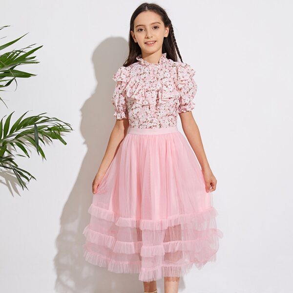 

Girls Frilled Neck Floral Blouse & Layered Ruffle Mesh Skirt Set, Baby pink