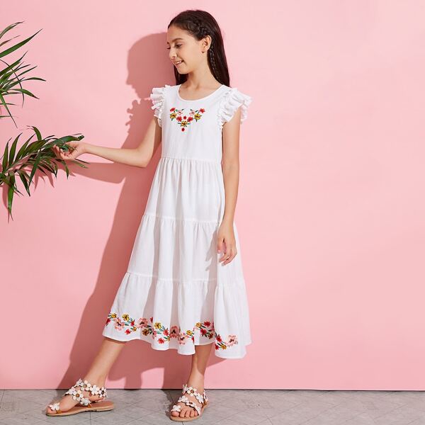 

Girls Ruffle Hem Floral Embroidered Dress, White