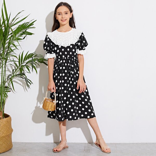 

Girls Ruffle Cuff Schiffy Detail Polka Dot Dress, Black