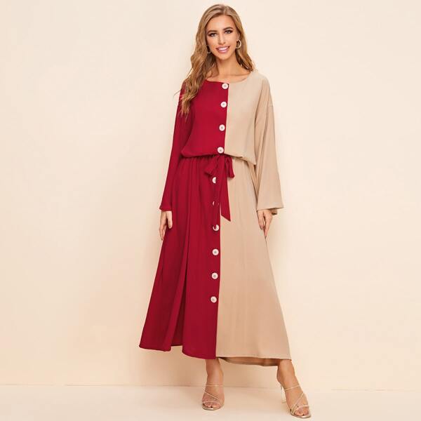 

Button Front Spliced Dress With Belt, Multicolor