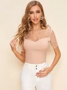 SHEIN Privé Mesh Yoke Rib-knit Top - Baby Pink - View 1
