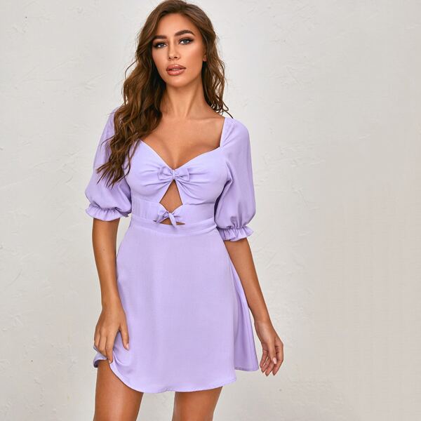 

Bow Detail Peekaboo Tie Back Puff Sleeve Dress, Lilac purple