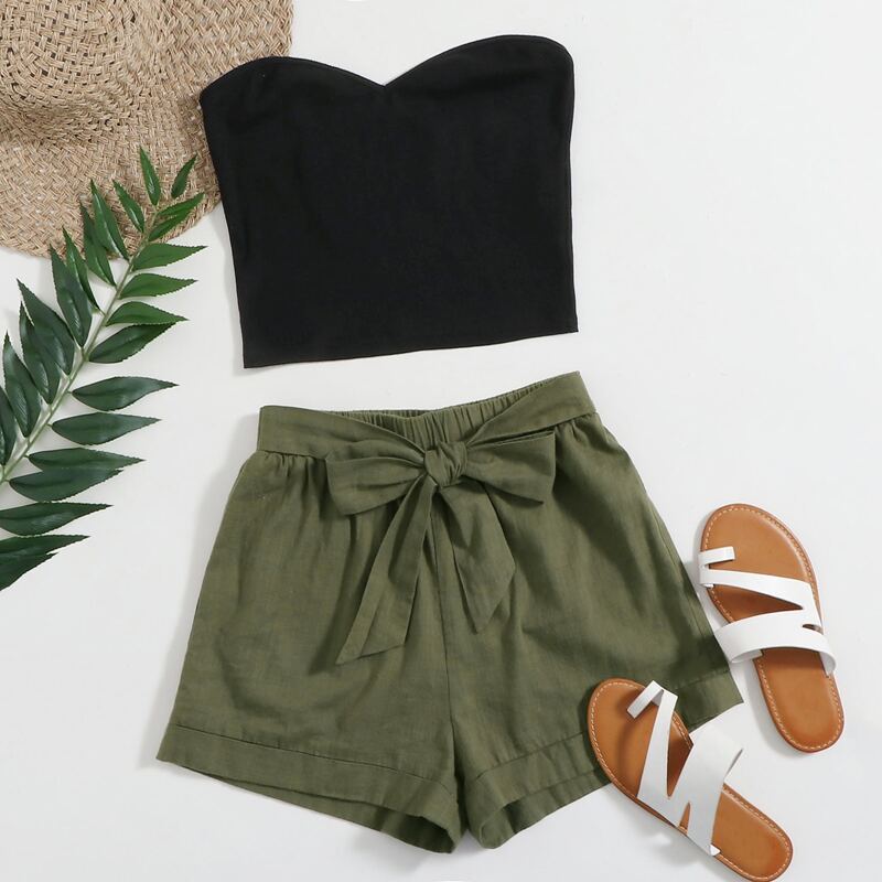 

Crop Tube Top & Belted Shorts Set, Multicolor