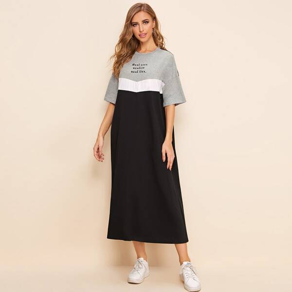 

Drop Shoulder Slogan Graphic Colorblock Dress, Black