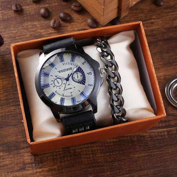 

1pc Men Quartz Watch & 1pc Chain Bracelet