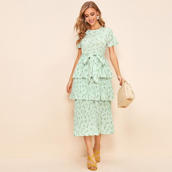 

Self Belted Plisse Layered Ditsy Floral Dress, Mint green