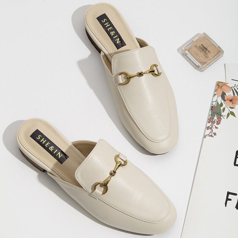 

Metal Decor Flat Mules, Beige