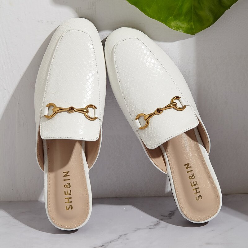 

Metal Decor Snakeskin Flat Mules, White