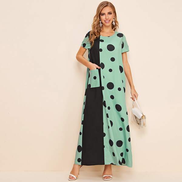 

Pocket Front Two Tone Polka Dot Dress, Mint green