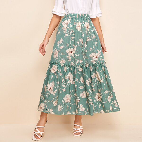 

Frill Detail Floral Print Skirt, Mint green