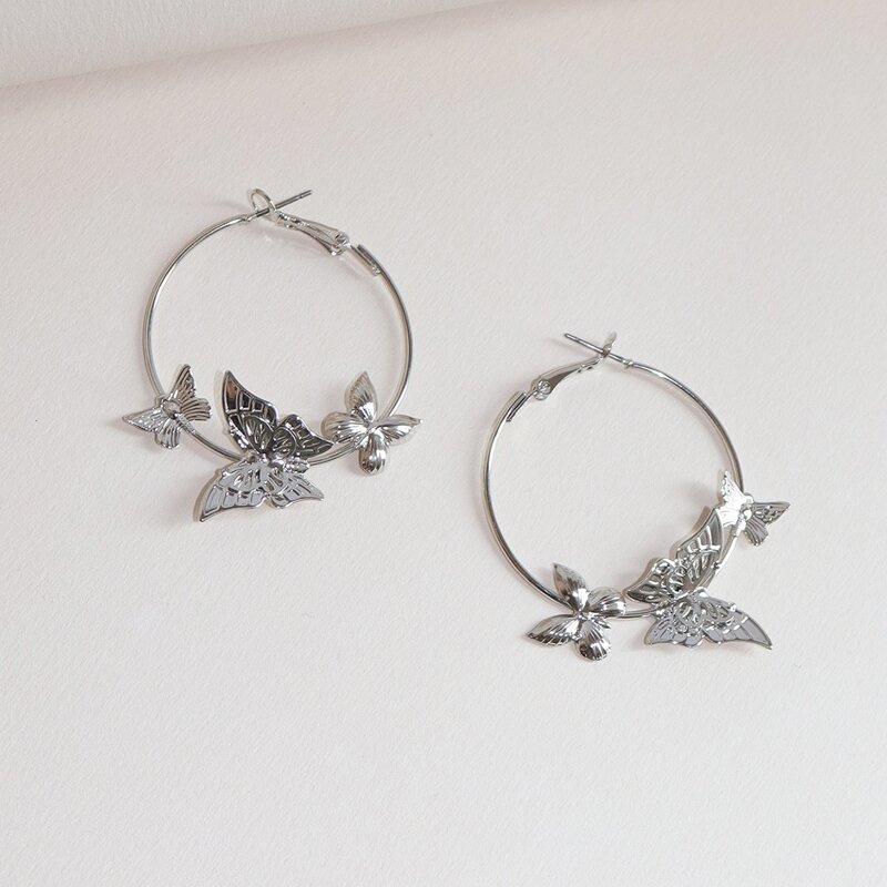 

Butterfly Decor Hoop Earrings, Silver