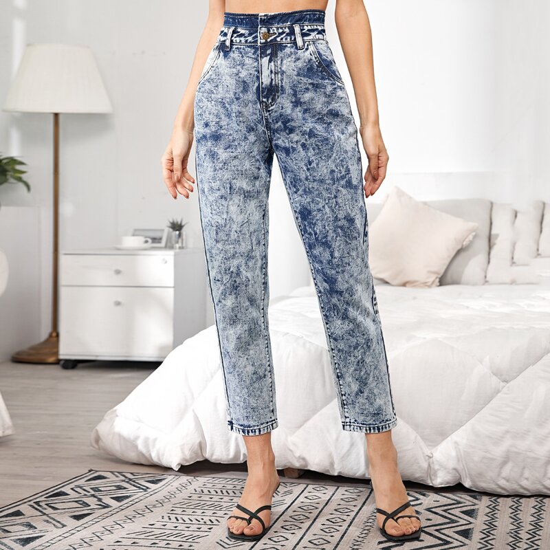 

High Waist Acid Wash Cropped Jeans, Blue