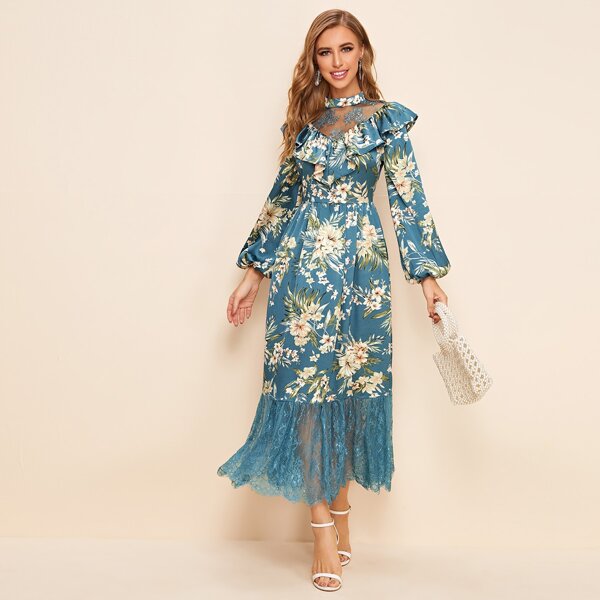 

Lace Yoke and Hem Ruffle Trim Lantern Sleeve Dress, Multicolor