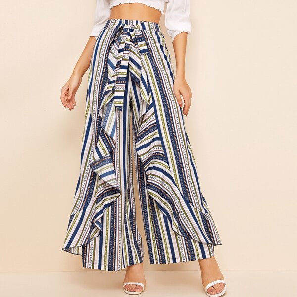 

Tribal Print Ruffle Trim Wide Leg Pants, Multicolor