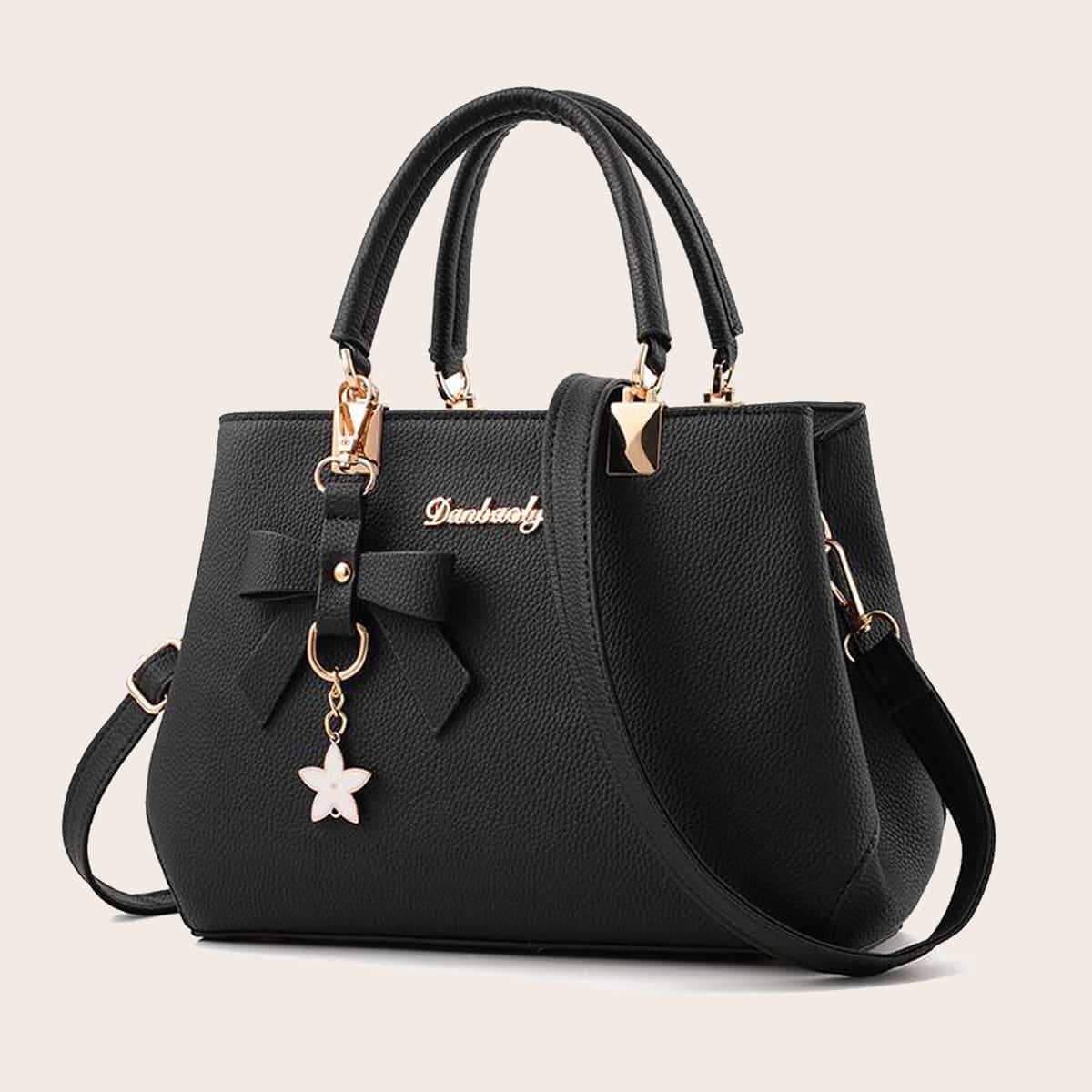 

Metal Letter Decor Satchel Bag With Bag Charm, Black