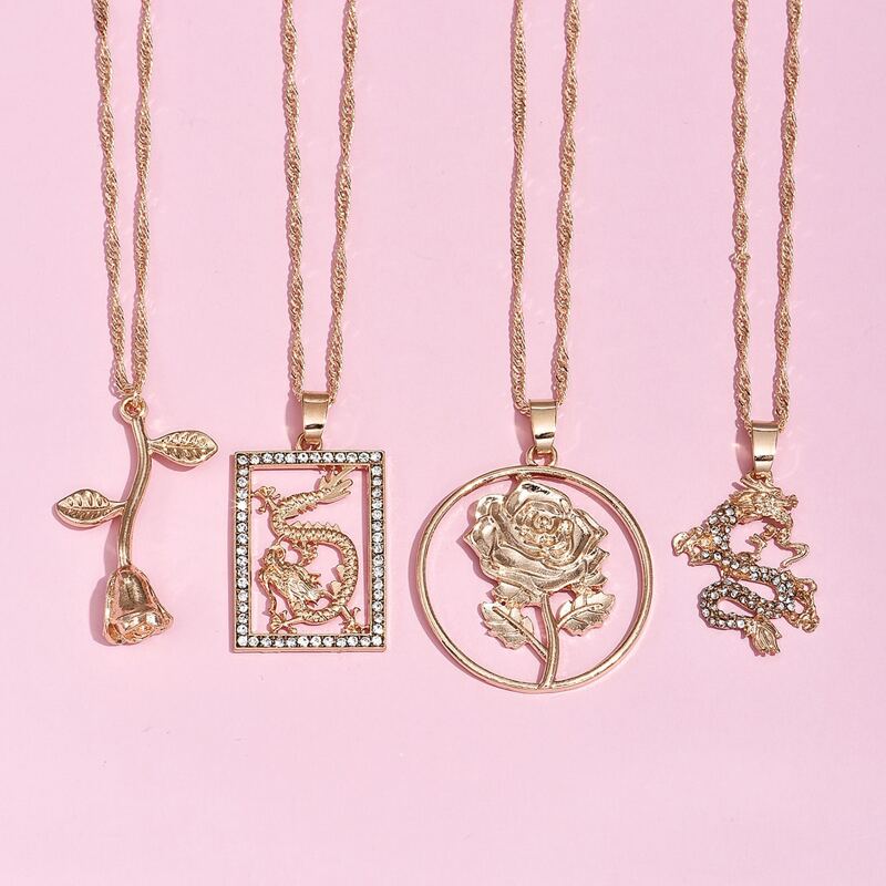 

4pcs Rose Charm Necklace, Gold