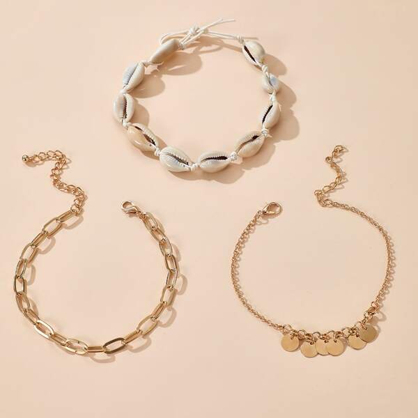 

3pcs Shell Decor Anklet, Gold