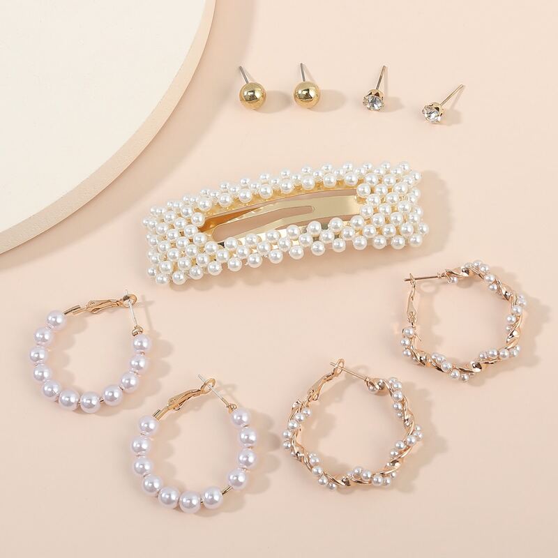 

9pcs Faux Pearl Earrings & Hair Clip, White