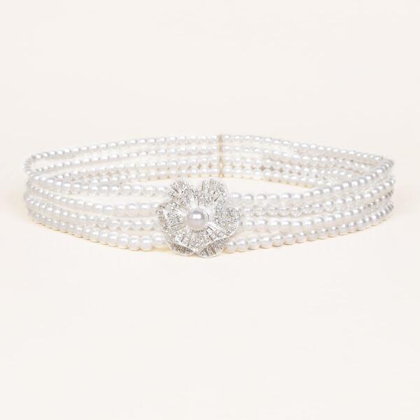 

Girls Floral Decor Pearl Belt, White