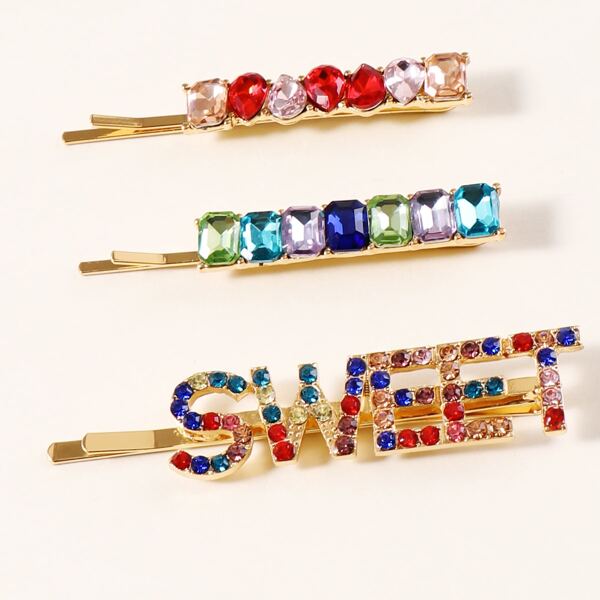

3pcs Rhinestone Engraved Hair Clip, Multicolor