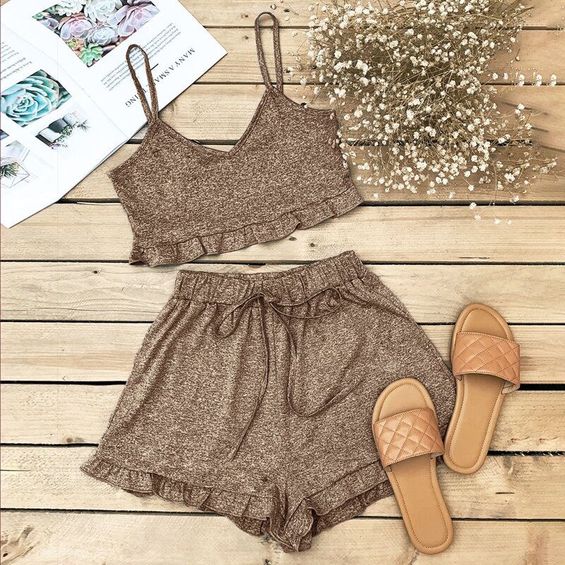 

Space Dye Frill Trim Crop Cami Top & Shorts, Brown