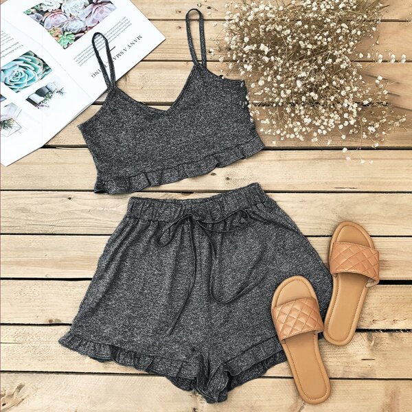 

Space Dye Frill Trim Crop Cami Top & Shorts, Grey