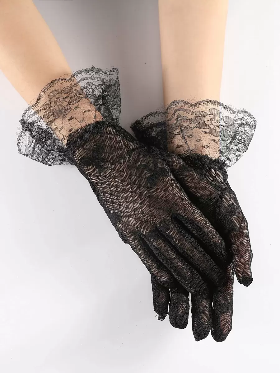 Contrast Lace Gloves - Black - View 1