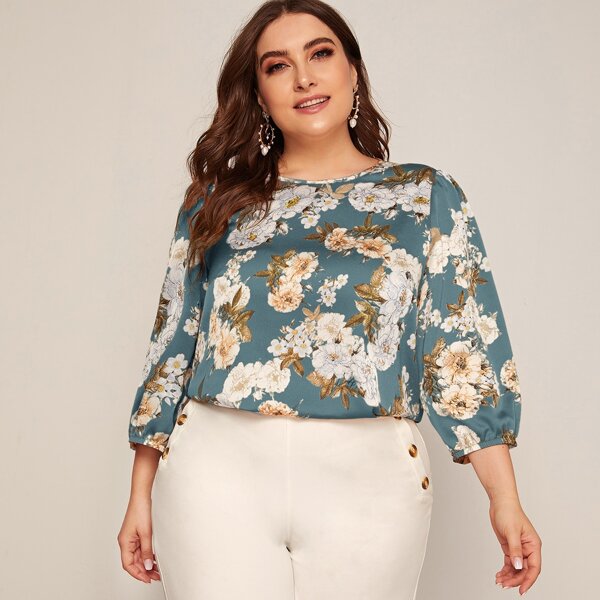 

Plus Keyhole Back Lantern Sleeve Floral Print Top, Multicolor