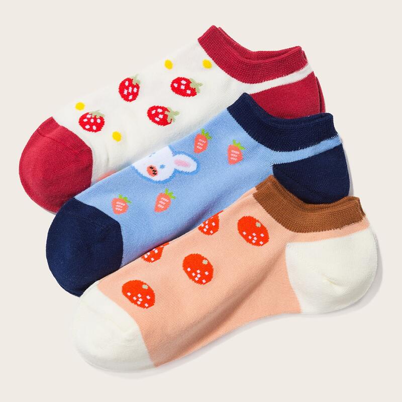 

3pairs Strawberry Pattern Socks, Multicolor