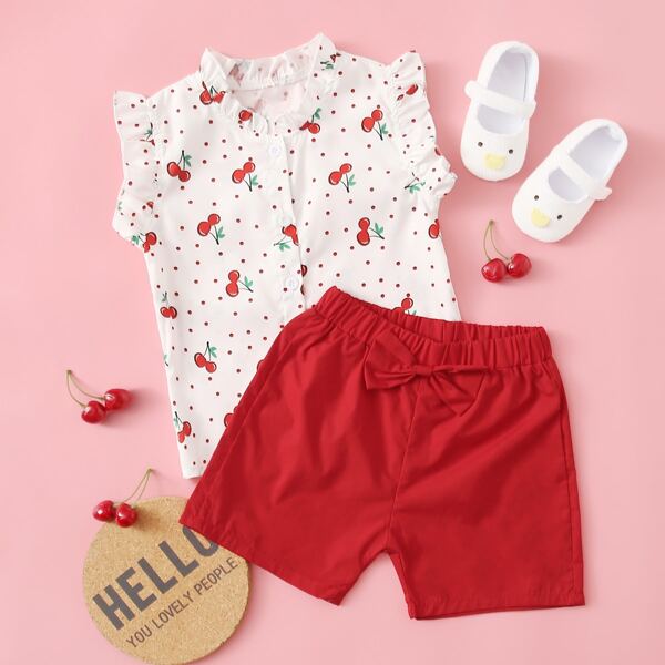 

Toddler Girls Cherry Print Frill Blouse With Bow Shorts, Multicolor