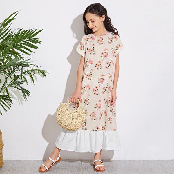 

Girls Floral Print Batwing Sleeve Contrast Flounce Hem Dress, Beige