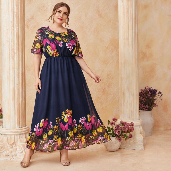 

Plus Floral Print A-line Maxi Dress, Navy blue