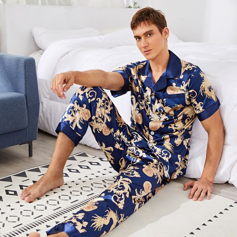 

Guys Baroque Print Satin PJ Set, Blue
