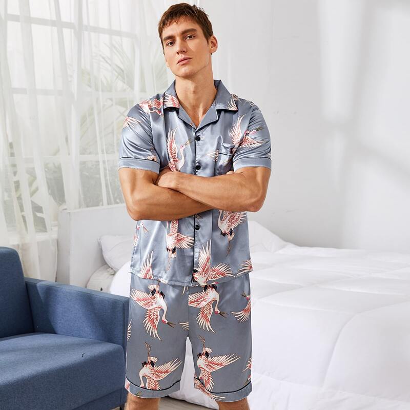 

Guys Crane Print Lapel Collar PJ Set, Blue