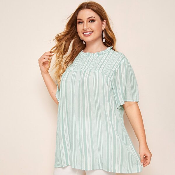

Plus Frill Neck Shirred Stripe Blouse, Green